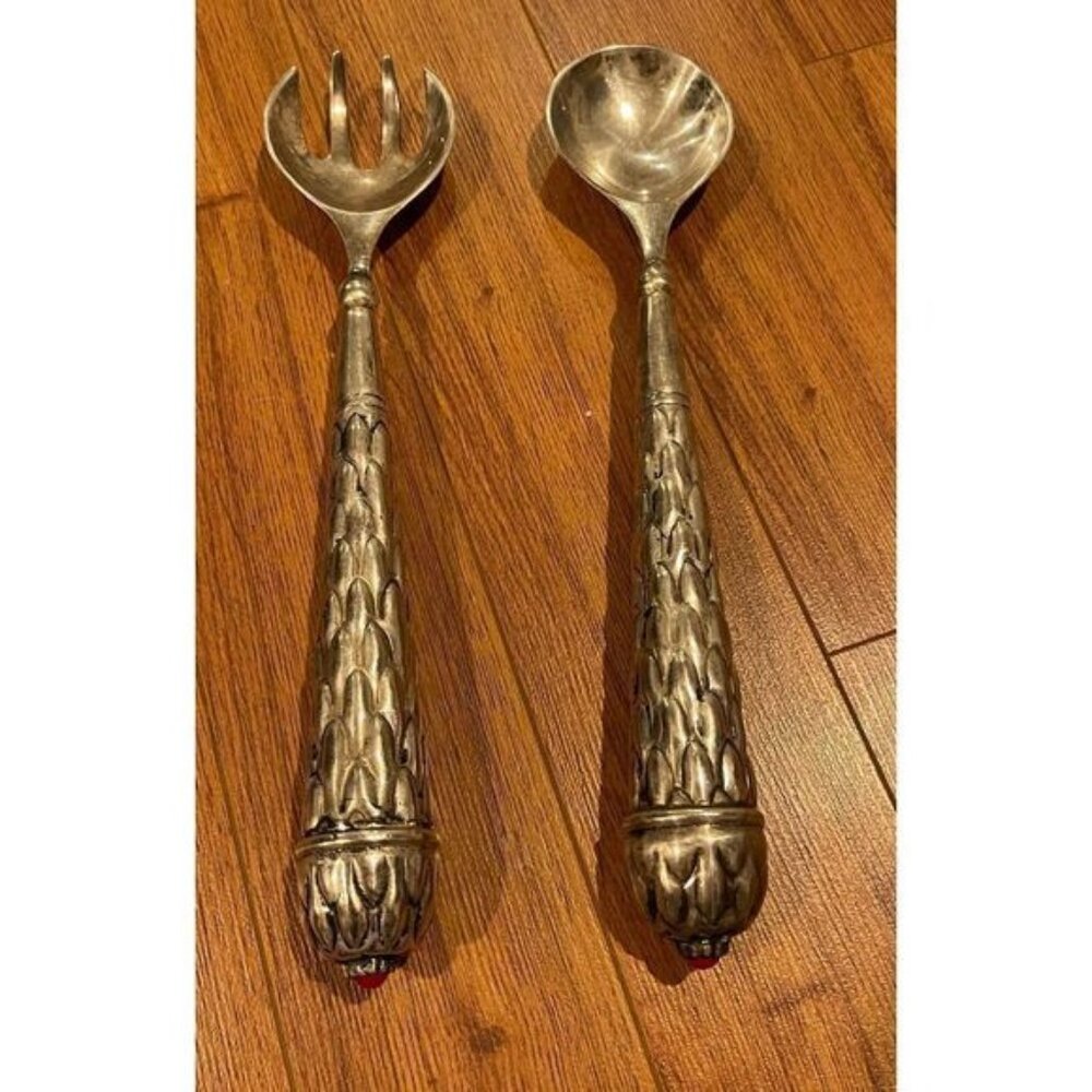 Vintage Decorative Ornate Silver Plated Twos Company with Red Pearl Fork & Spoon